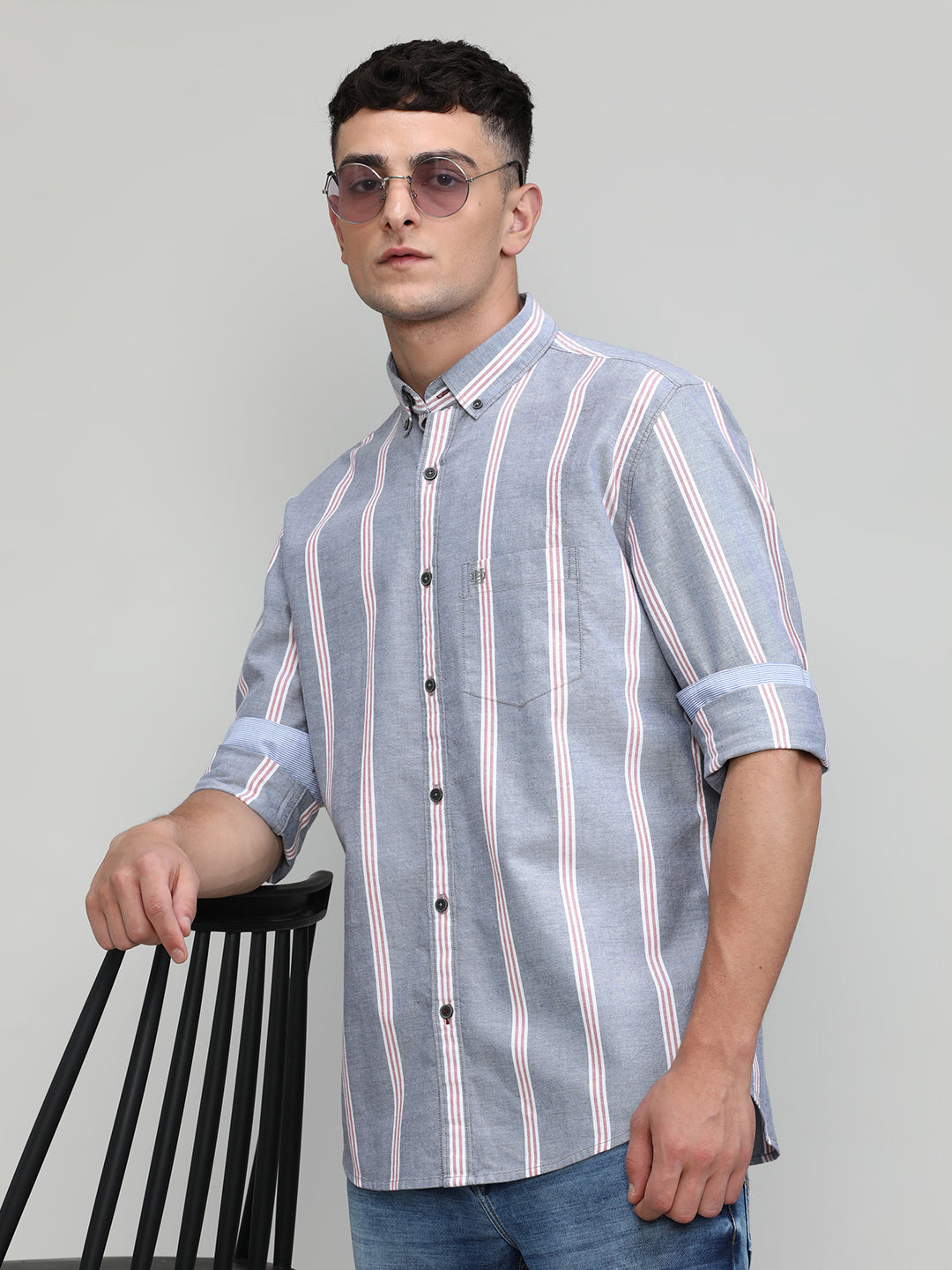 Grey Slim Fit Premium Cotton Lycra Stripe Shirt With Pocket-SS25