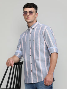 Grey Slim Fit Premium Cotton Lycra Stripe Shirt With Pocket-SS25