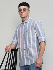 Grey Slim Fit Premium Cotton Lycra Stripe Shirt With Pocket