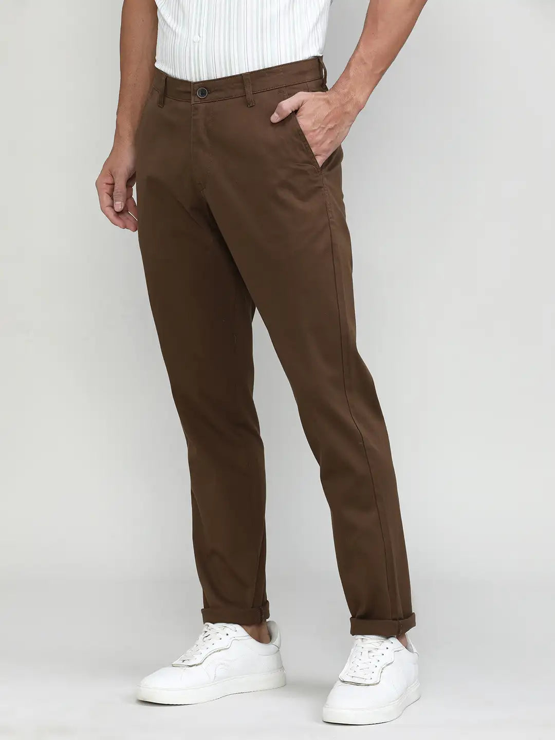Brown Cotton Trousers Slim Tapered Fit