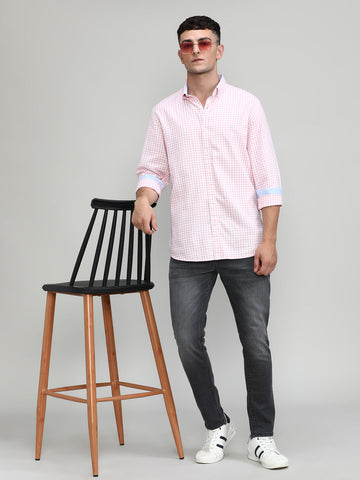 Pink Slim Fit Premuim Cotton Button Down Collar Checks Shirt