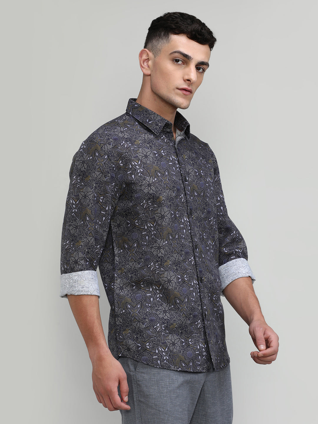Exclusive Purple Collection Dark Olive Slim Fit Printed Premium Cotton Linen Shirt