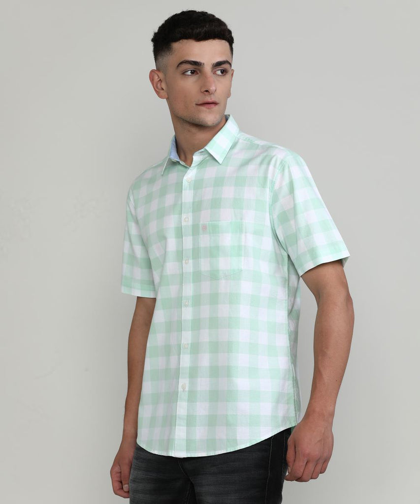 Fresh Mint Slim Fit Premium Cotton Checks Shirt With Pocket
