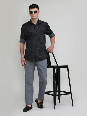 Black Slim Fit Premium Cotton Printed Shirt