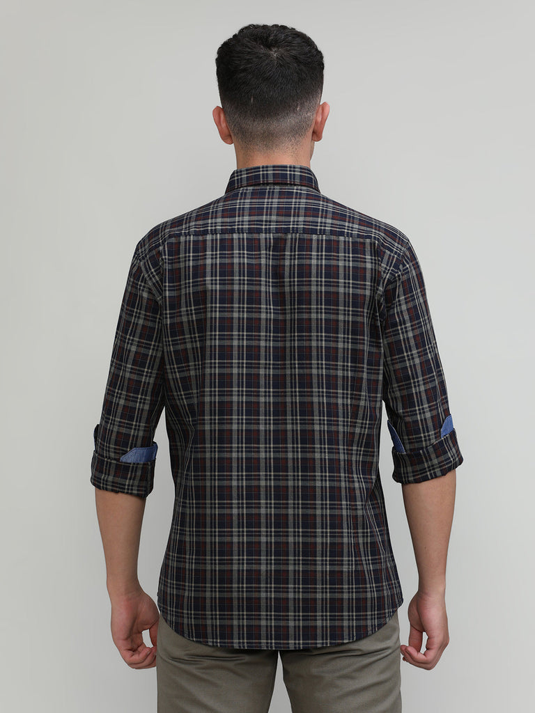 Navy Slim Fit Premuim Cotton Checks Shirt With Regular Pocket