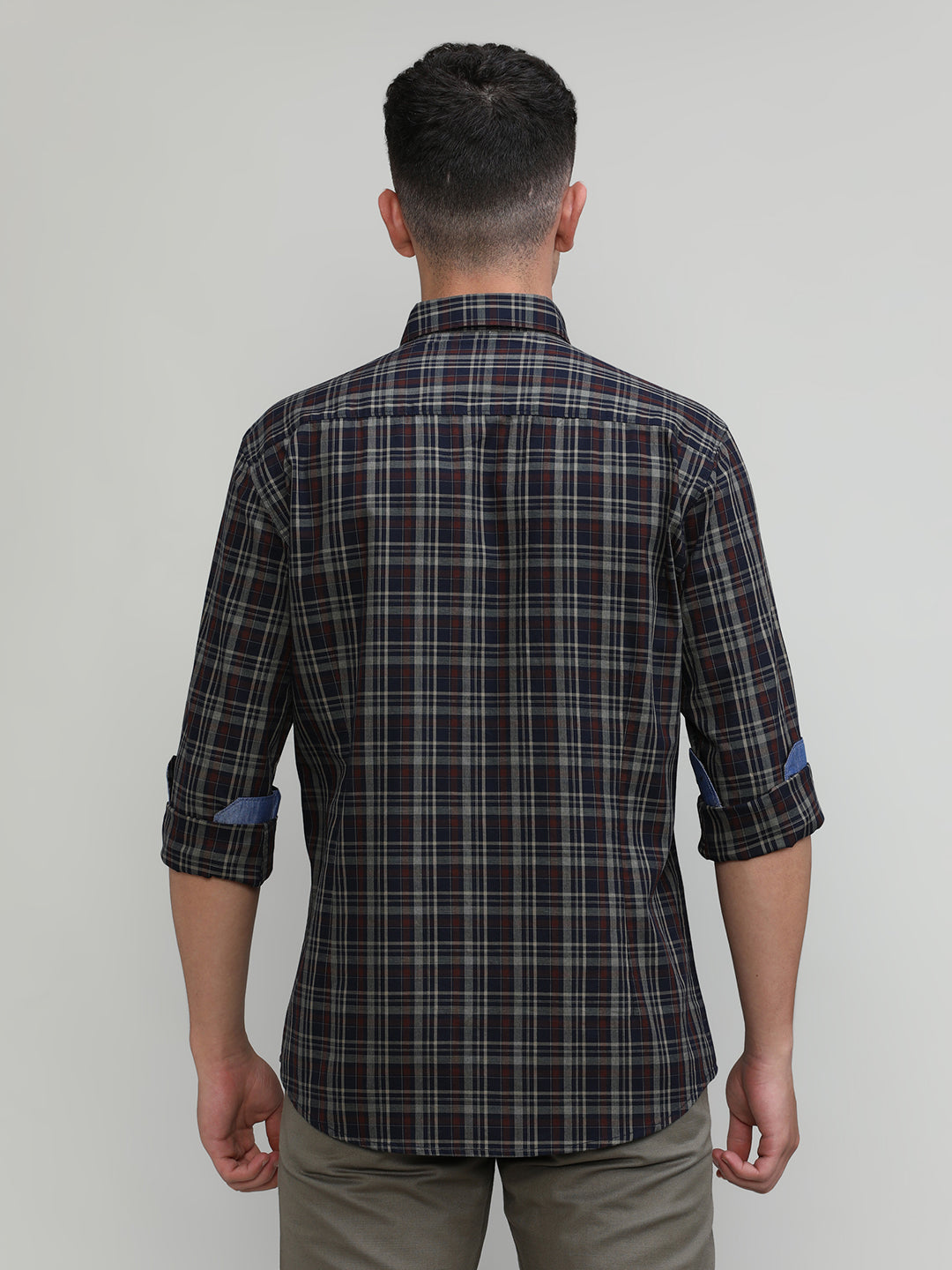 Navy Slim Fit Premuim Cotton Checks Shirt With Regular Pocket-SS25