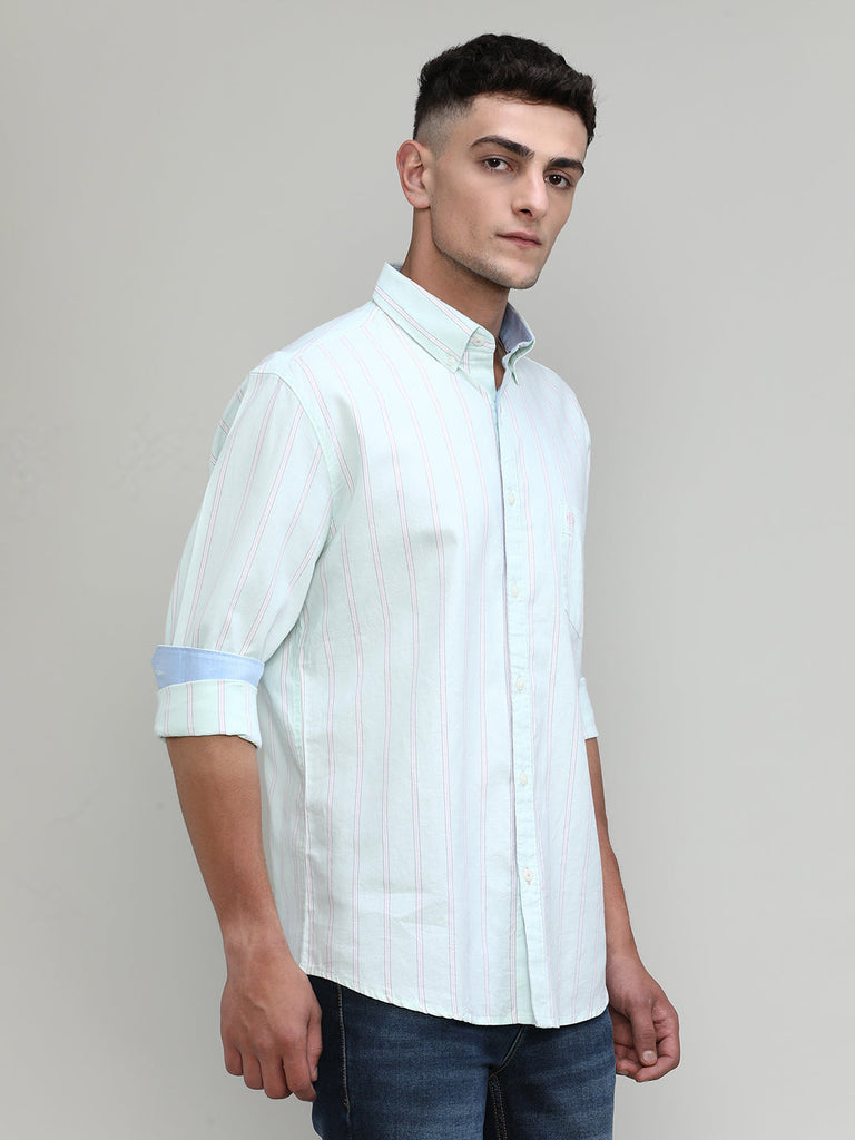 Pistachio Slim Fit Premium Cotton Lycra Stripe Shirt With Pocket