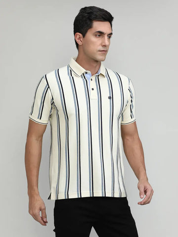Natural Pique Cotton Lycra Stripes Polo T-shirt