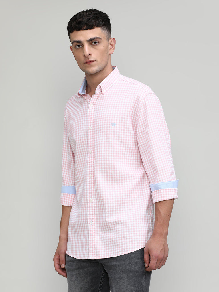Pink Slim Fit Premuim Cotton Button Down Collar Checks Shirt