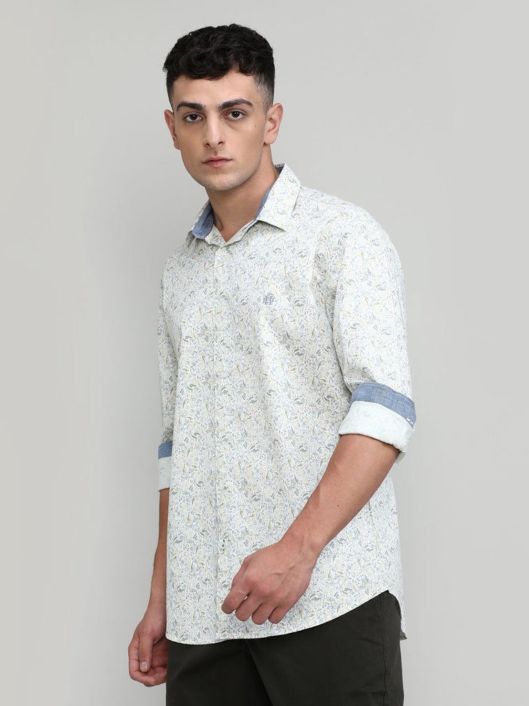 Beige Slim Fit Premium Cotton Printed Shirt