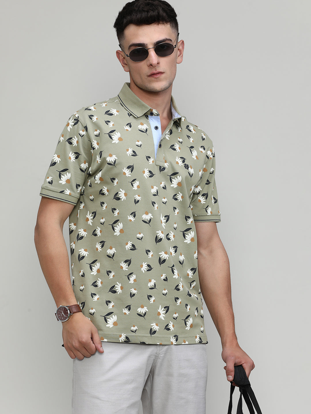 Olive Pique Cotton Lycra Printed Polo T-shirt