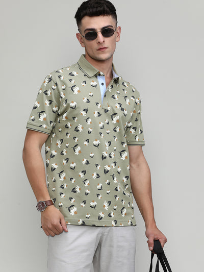 Olive Pique Cotton Lycra Printed Polo T-shirt