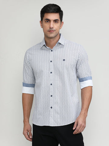 White Slim Fit Premium Cotton Printed Shirt
