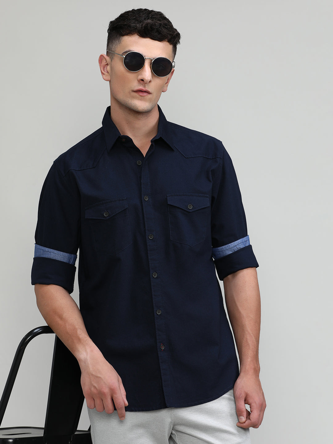 Black Slim Fit Premium Cotton Lycra Solid Shirt With Double Pocket