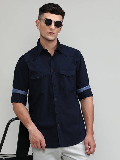 Black Slim Fit Premium Cotton Lycra Solid Shirt With Double Pocket