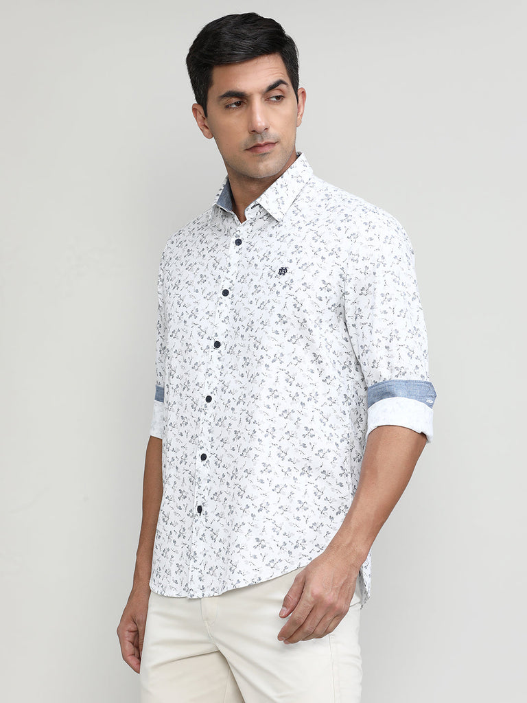White Slim Fit Premium Cotton Printed Shirt With Pocket