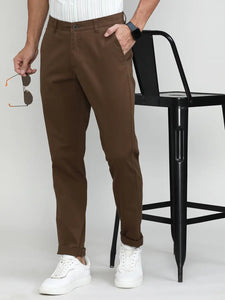 Brown Cotton Trousers Slim Tapered Fit