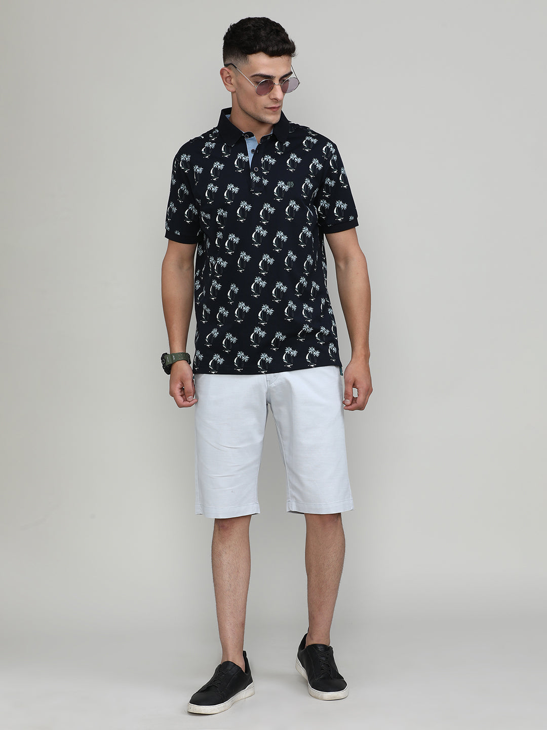 Navy Jersey Cotton Lycra Printed Polo T-shirt