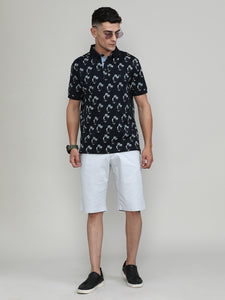 Navy Jersey Cotton Lycra Printed Polo T-shirt