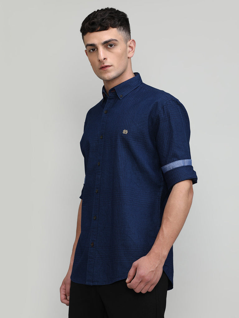 True Blue Slim Fit Premuim Cotton Checks Shirt With Button Down Collar