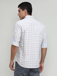 Peach Slim Fit Premuim Cotton Checks Shirt With Bone Collar & Pocket
