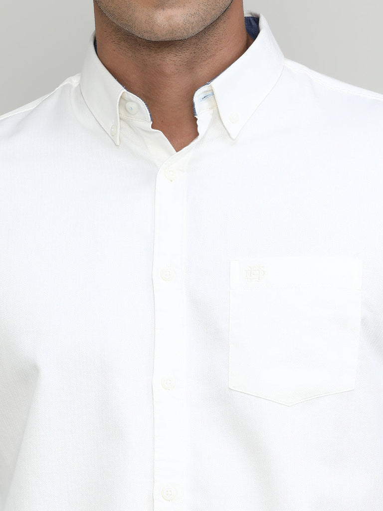 White Slim Fit Premium Cotton Lycra Solid Shirt With Pocket