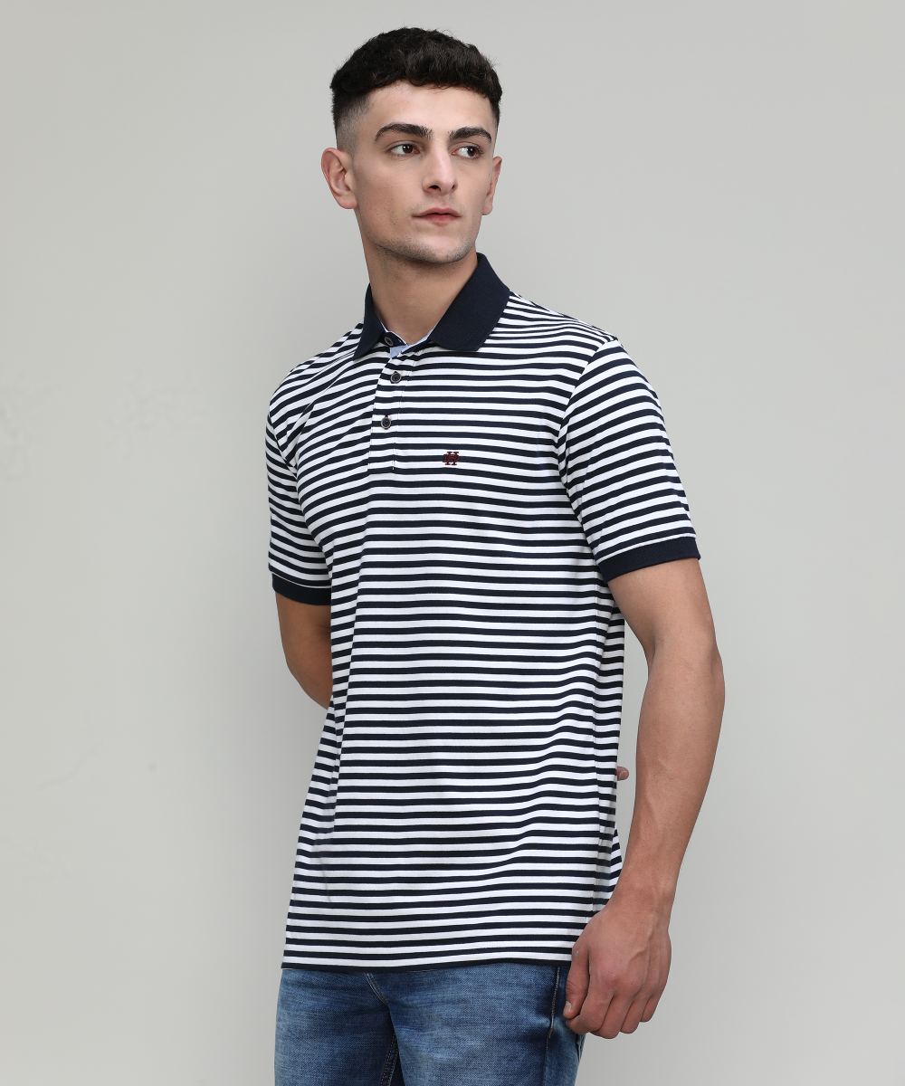 Deep Navy Jersey Cotton Lycra Stripes Polo T-shirt
