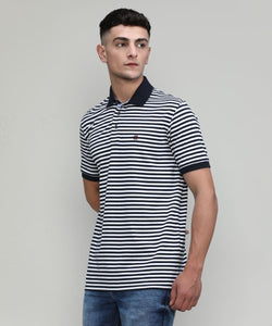 Deep Navy Jersey Cotton Lycra Stripes Polo T-shirt