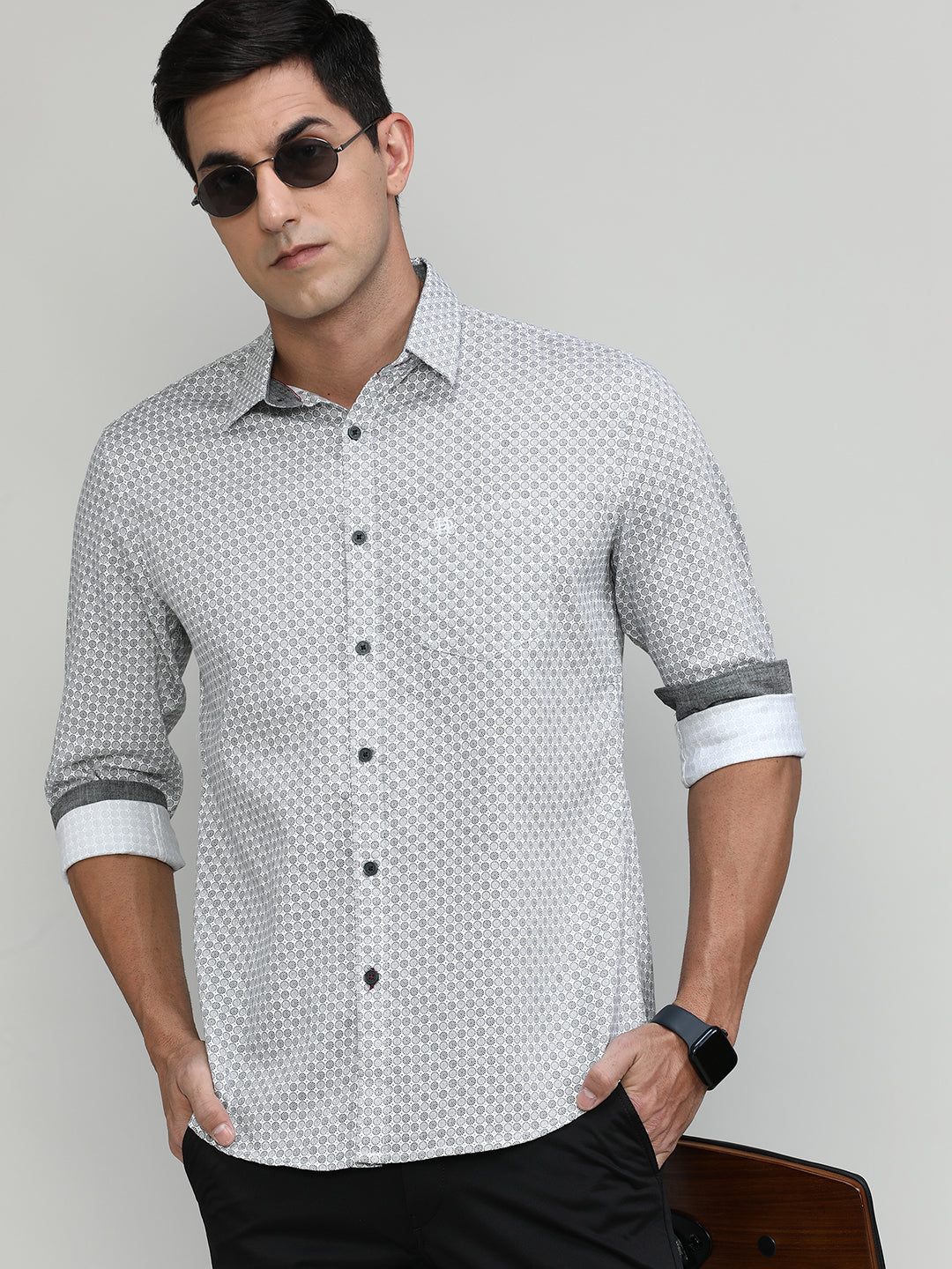 Black Slim Fit Premuim Cotton Printed Shirt With Bone Collar & Pocket