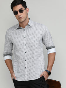 Black Slim Fit Premuim Cotton Printed Shirt With Bone Collar & Pocket