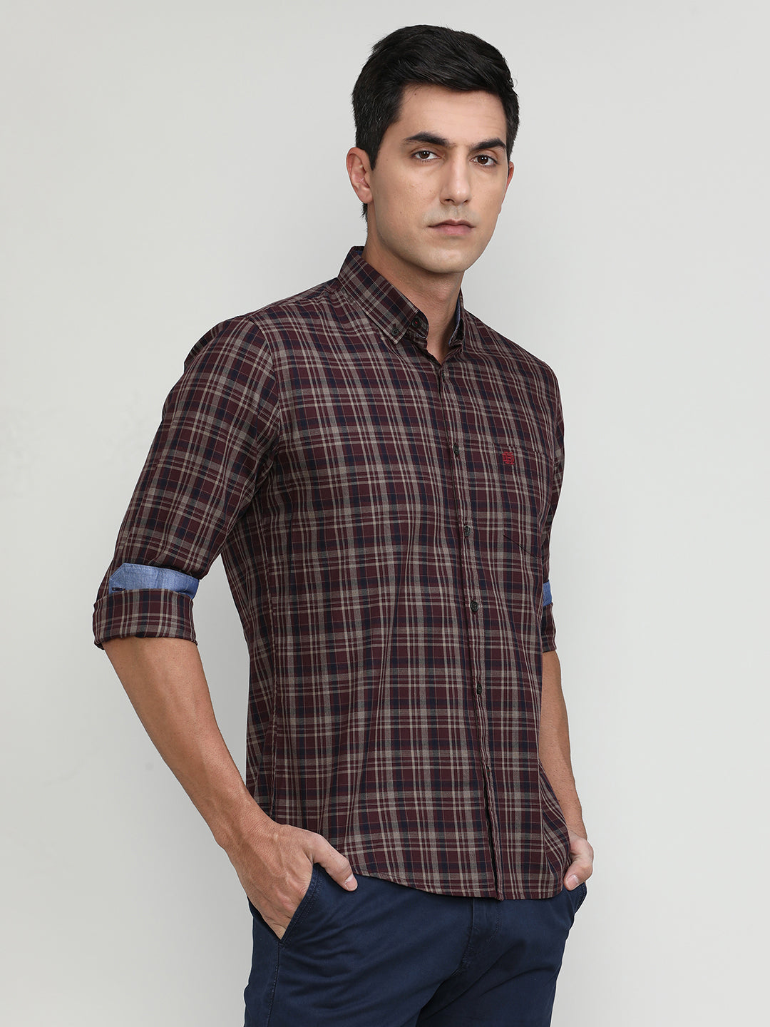 Maroon Slim Fit Premuim Cotton Checks Shirt With Button Down Collar & Pocket