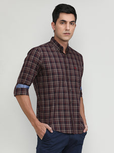 Maroon Slim Fit Premuim Cotton Checks Shirt With Button Down Collar & Pocket