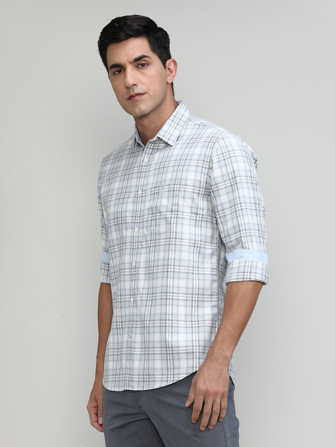Light Grey Slim Fit Premuim Cotton Checks Shirt With Bone Collar & Pocket