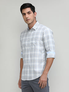 Light Grey Slim Fit Premuim Cotton Checks Shirt With Bone Collar & Pocket