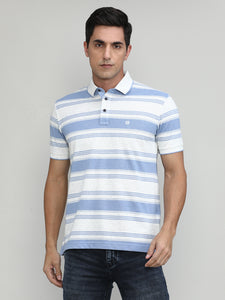 Summer Sky Pique Cotton Lycra Stripes Polo T-shirt