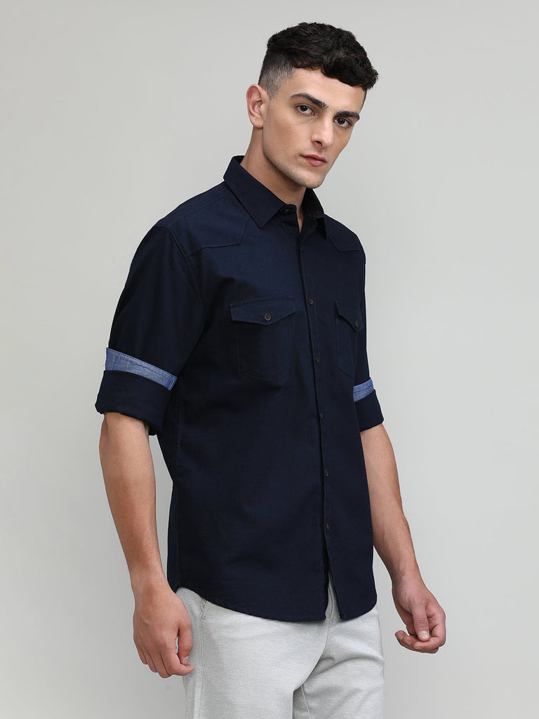 Black Slim Fit Premium Cotton Lycra Solid Shirt With Pocket