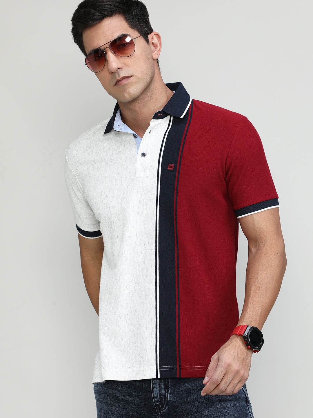 Ecru Pique Cotton Lycra Stripes Polo T-shirt