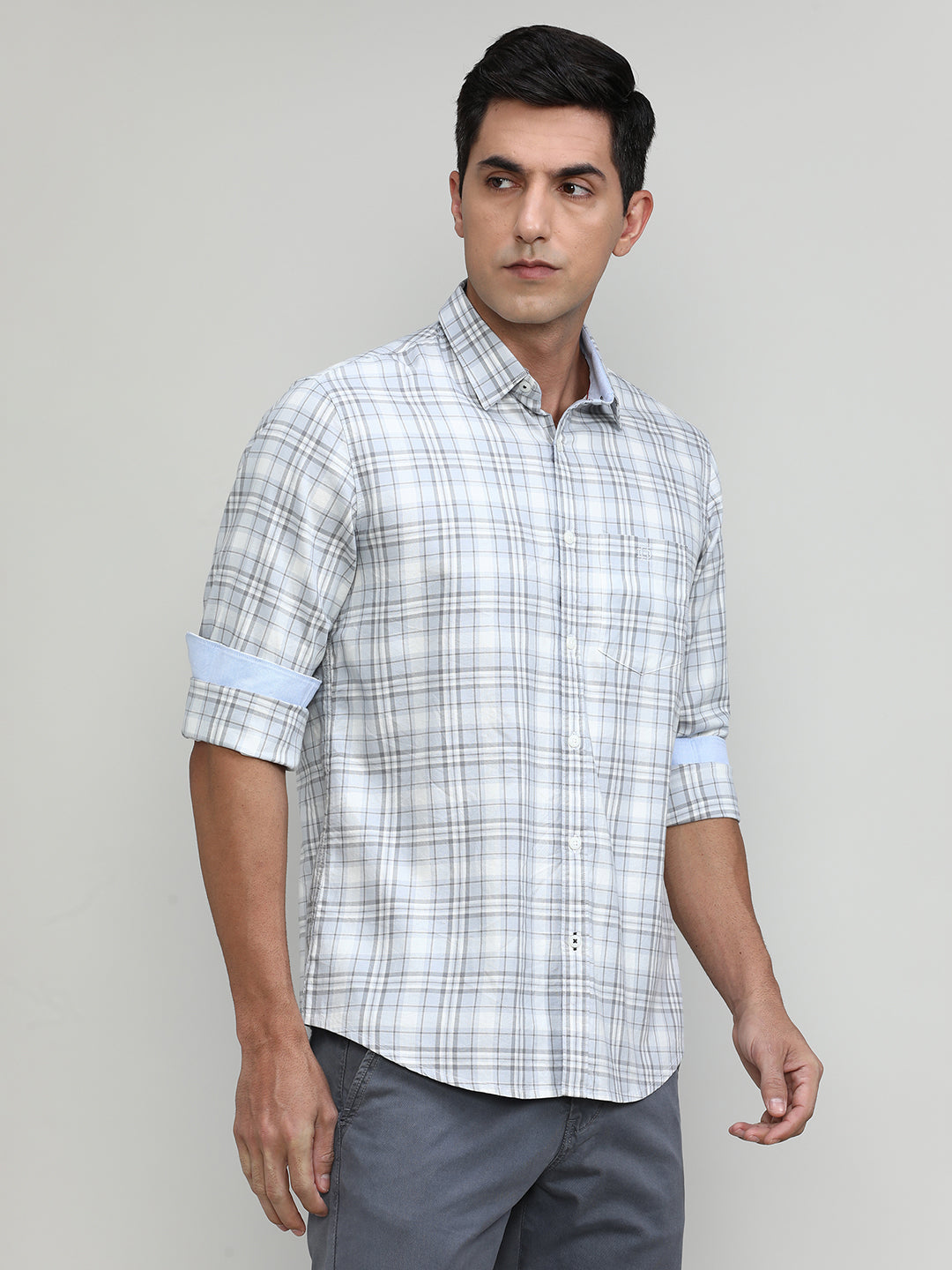 Light Grey Slim Fit Premuim Cotton Checks Shirt With Bone Collar & Pocket
