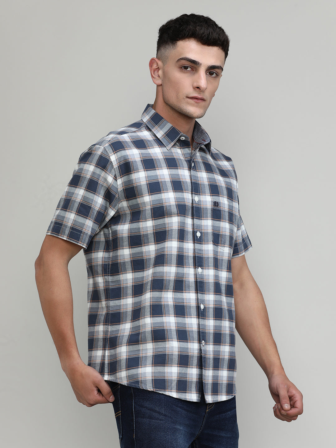 Slate Shade Slim Fit Premuim Cotton Checks Shirt With Pocket-SS25