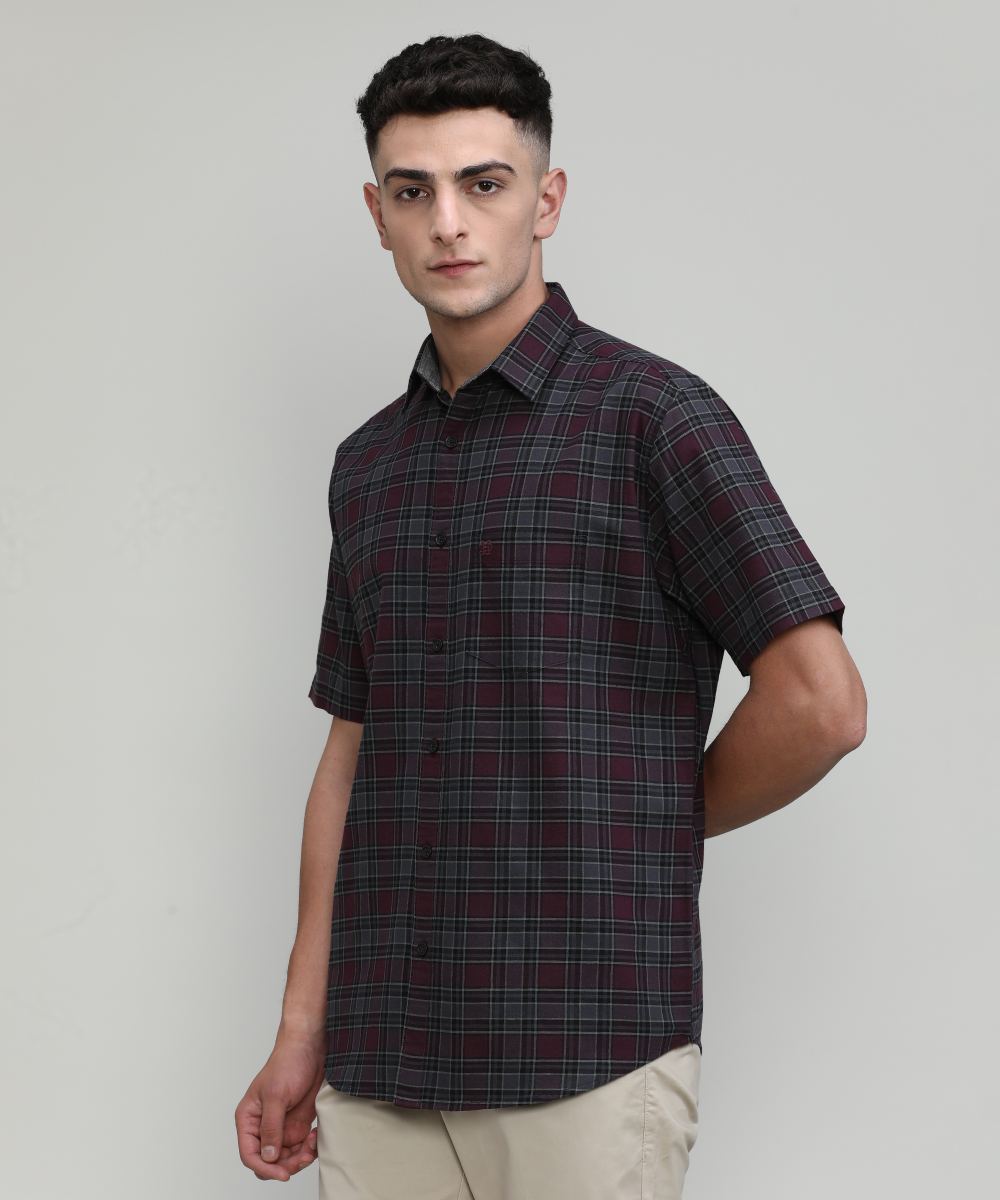 Wine Shade Slim Fit Premuim Cotton Checks Shirt With Pocket-SS25