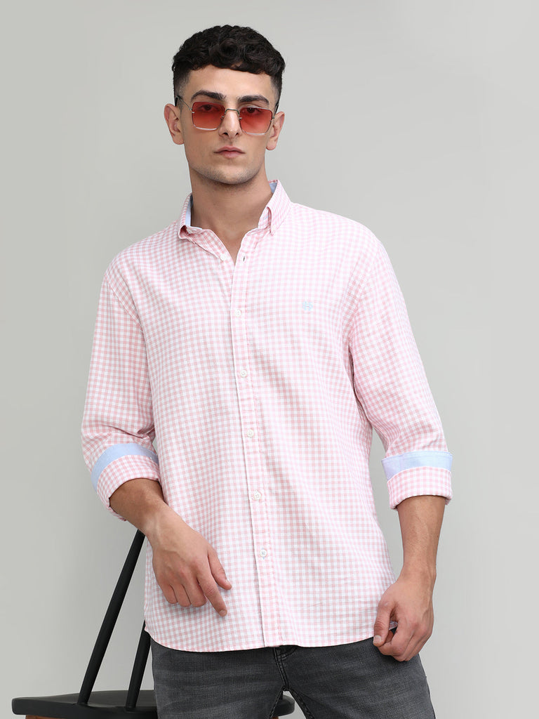 Pink Slim Fit Premuim Cotton Button Down Collar Checks Shirt