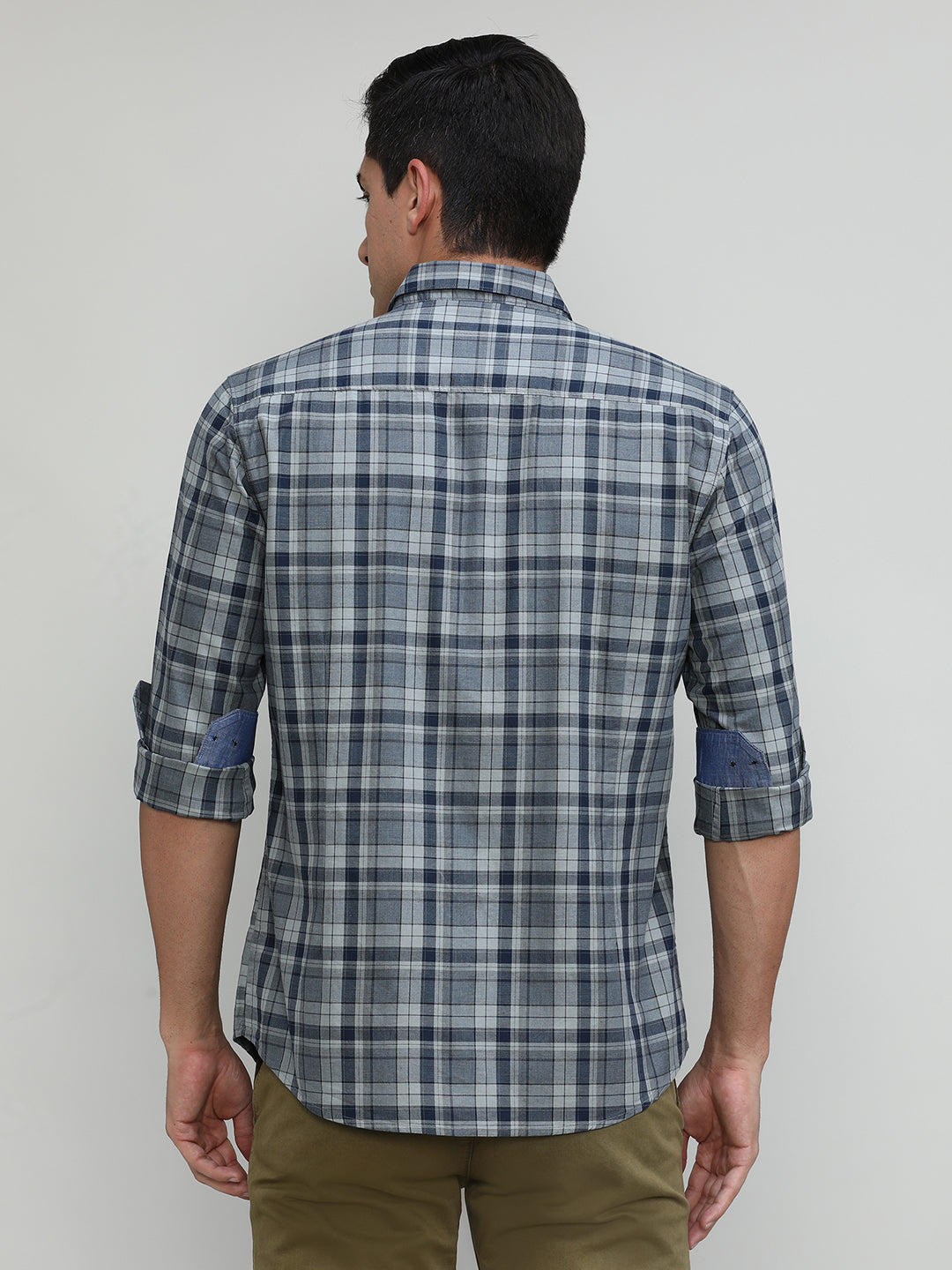 Navy Slim Fit Premuim Cotton Checks Shirt With Bone Collar & Pocket