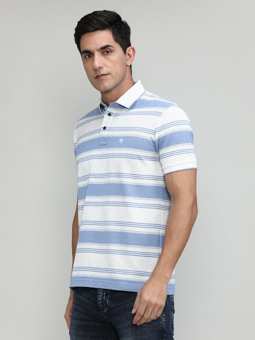 Summer Sky Pique Cotton Lycra Stripes Polo T-shirt