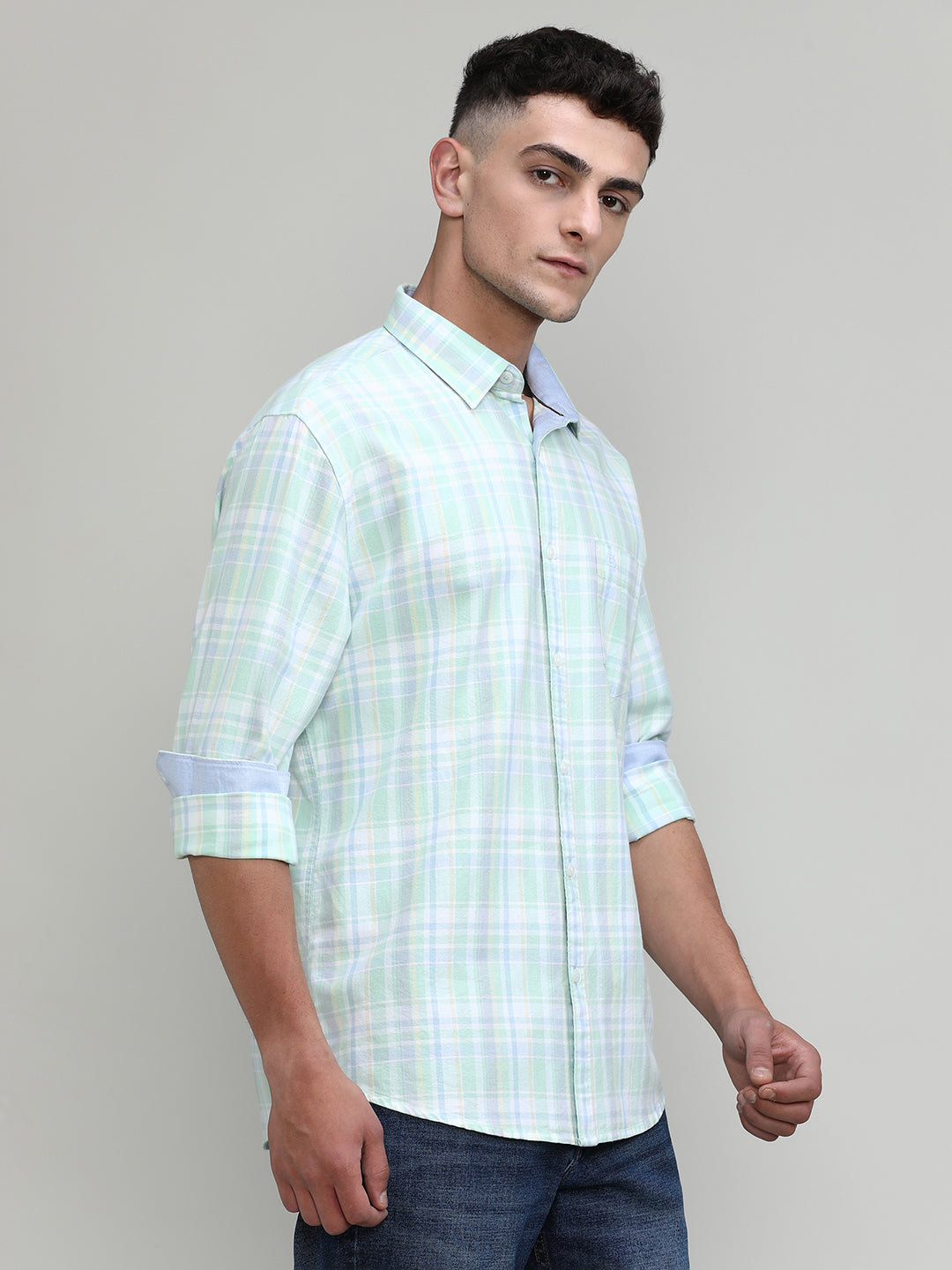 Fresh Mint Slim Fit Premuim Cotton Checks Shirt With Regular Pocket-SS25