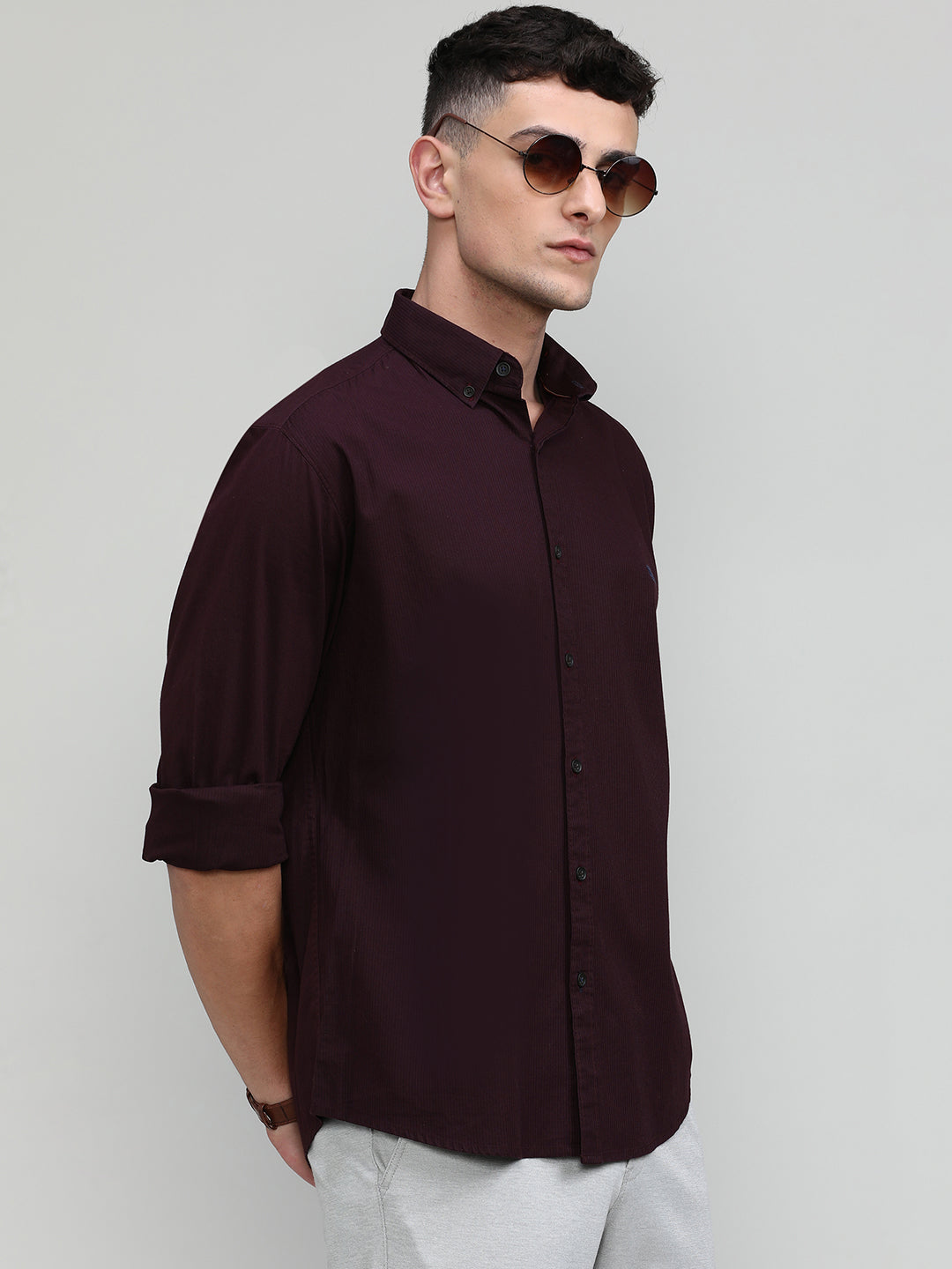 Fine Wine Shade Slim Fit Premium Cotton Lycra Solid Shirt -SS25