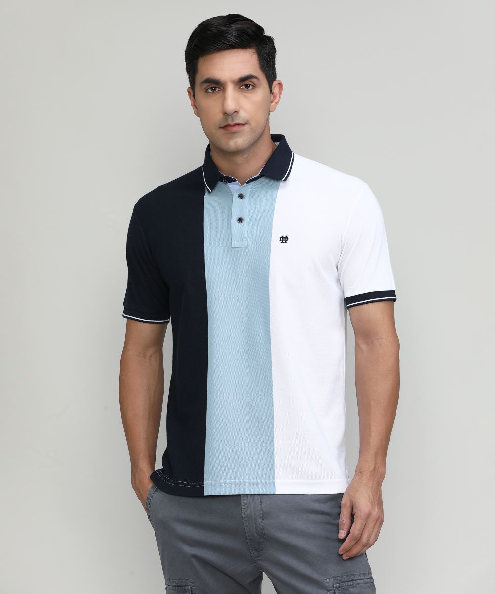 Sky Pique Cotton Lycra Stripes Polo T-shirt