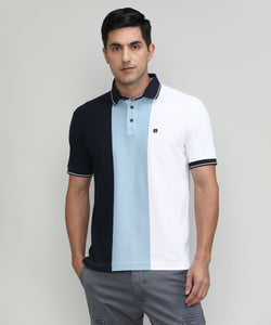 Sky Pique Cotton Lycra Stripes Polo T-shirt