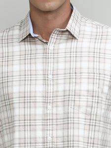 Beige Slim Fit Premuim Cotton Checks Shirt With Bone Collar & Pocket