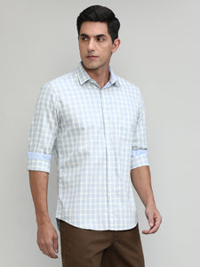 Heather Grey Slim Fit Premuim Cotton Checks Shirt With Bone Collar & Pocket
