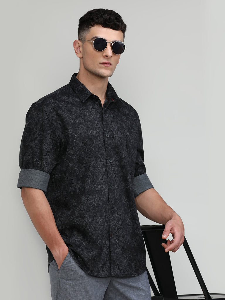 Black Slim Fit Premium Cotton Printed Shirt